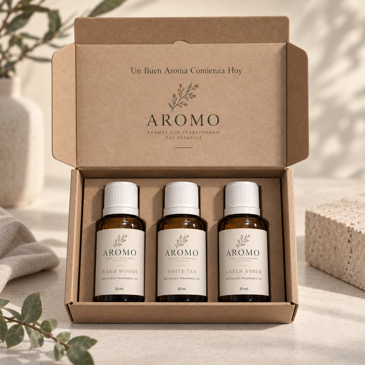 Trío de Aceites Aromáticos de Aromo.mx: Maderas Cálidas, Té Blanco y Ámbar Verde.