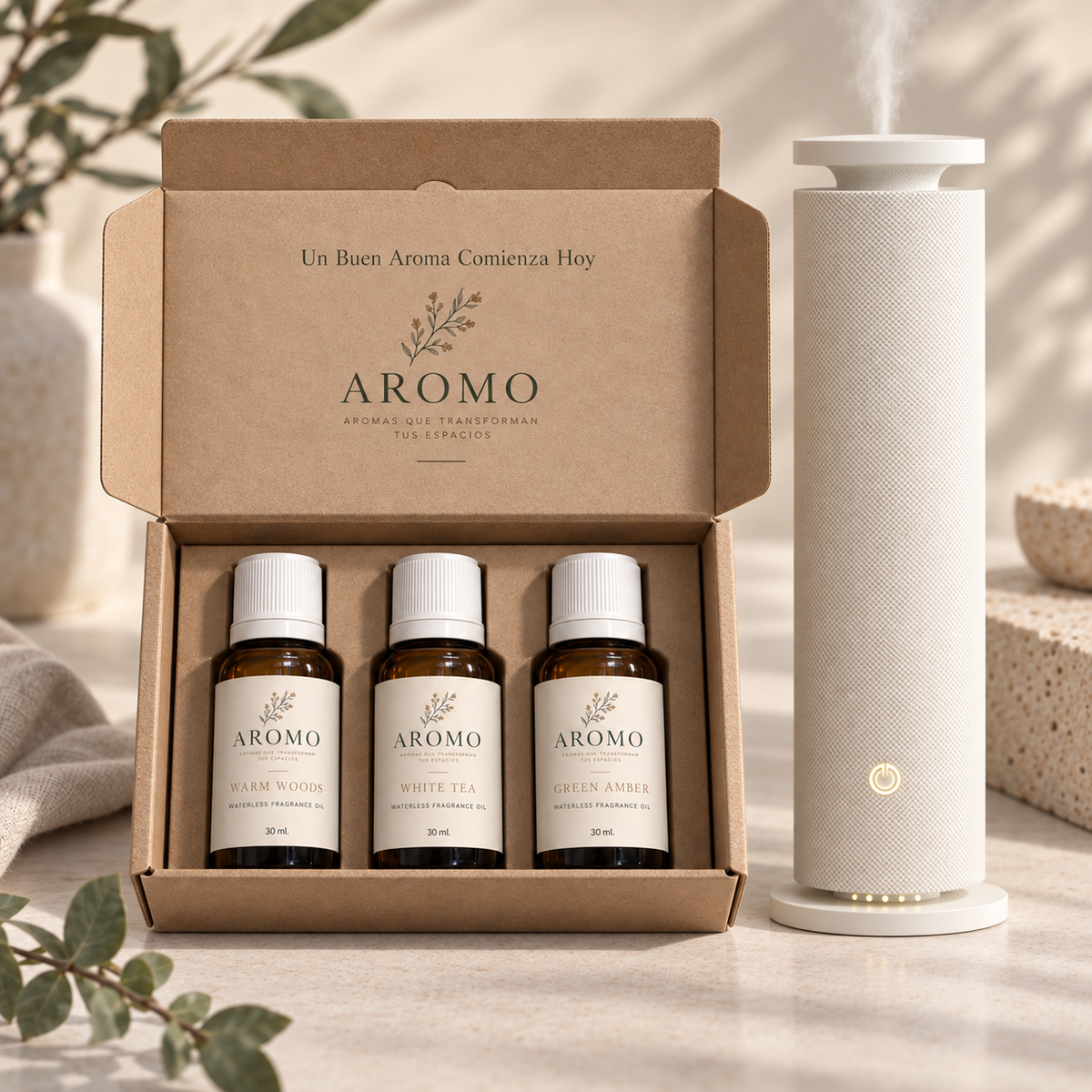 Kit de Inicio Descubrimiento de Aromo.mx: Torre Insignia en blanco con Maderas Cálidas, Té Blanco y Ámbar Verde.