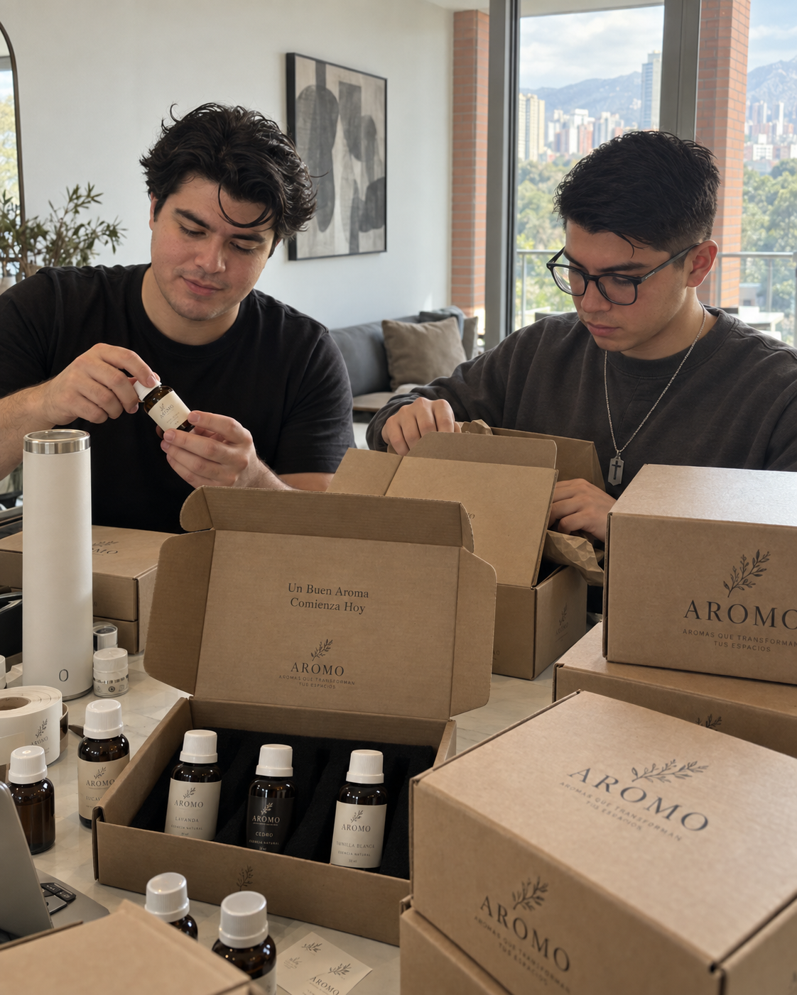 Rubén Gómez y David Gómez, cofundadores de Aromo.mx, preparando pedidos a mano con aceites aromáticos y cajas de la marca.