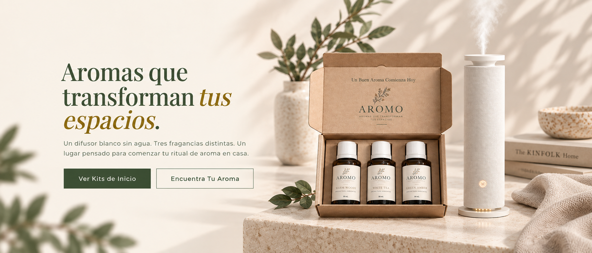 Aromas que transforman tus espacios. Un difusor blanco sin agua y tres fragancias Aromo.mx: Maderas Cálidas, Té Blanco y Ámbar Verde.