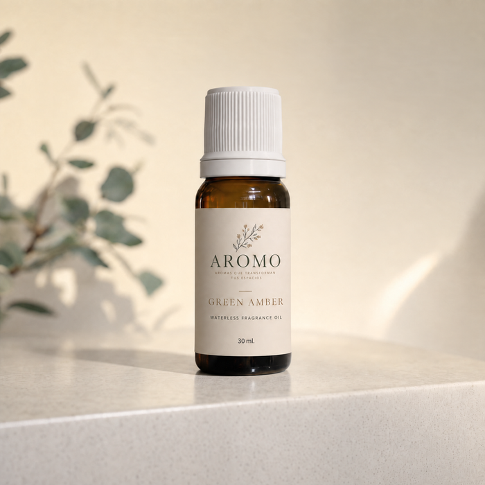 Aceite Aromático Ámbar Verde de Aromo.mx, botella de 30 ml.